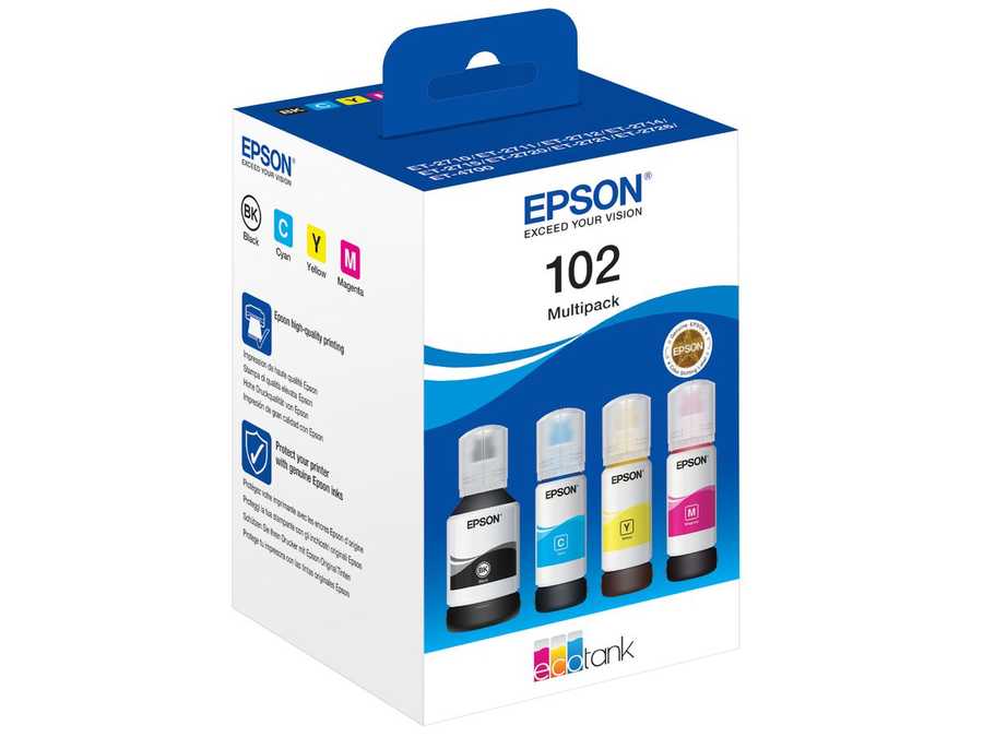 Epson E102cmybk Druckerpatronen (bk, c, m, y) - Epson No. 102 cmybk, T03R640 für z.B. Epson EcoTank ET -2700, Epson EcoT