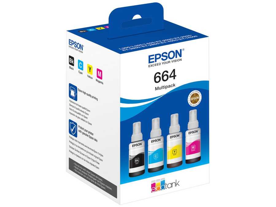 Epson E664 Druckerpatronen (bk, c, m, y) - Epson No. 664, C13T664640 für z.B. Epson L 355, Epson EcoTank ET -14000, Epso