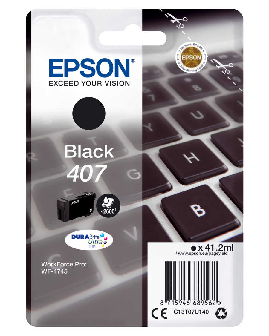 Epson E407BK Druckerpatronen bk - Epson No. 407BK, T07U140 für z.B. Epson WorkForce Pro WF -4745 DTWF