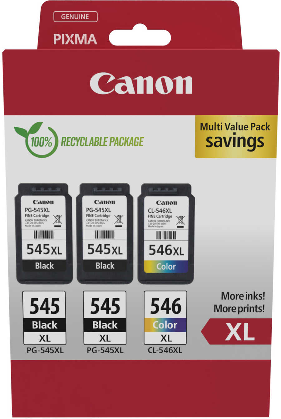 Canon C545XL Druckerpatronen XL (bk, cmy) – Canon PG-545XL*2, CL-546XL, 8286B013 für z.B. Canon Pixma IP 2800, Canon Pixma IP 2850