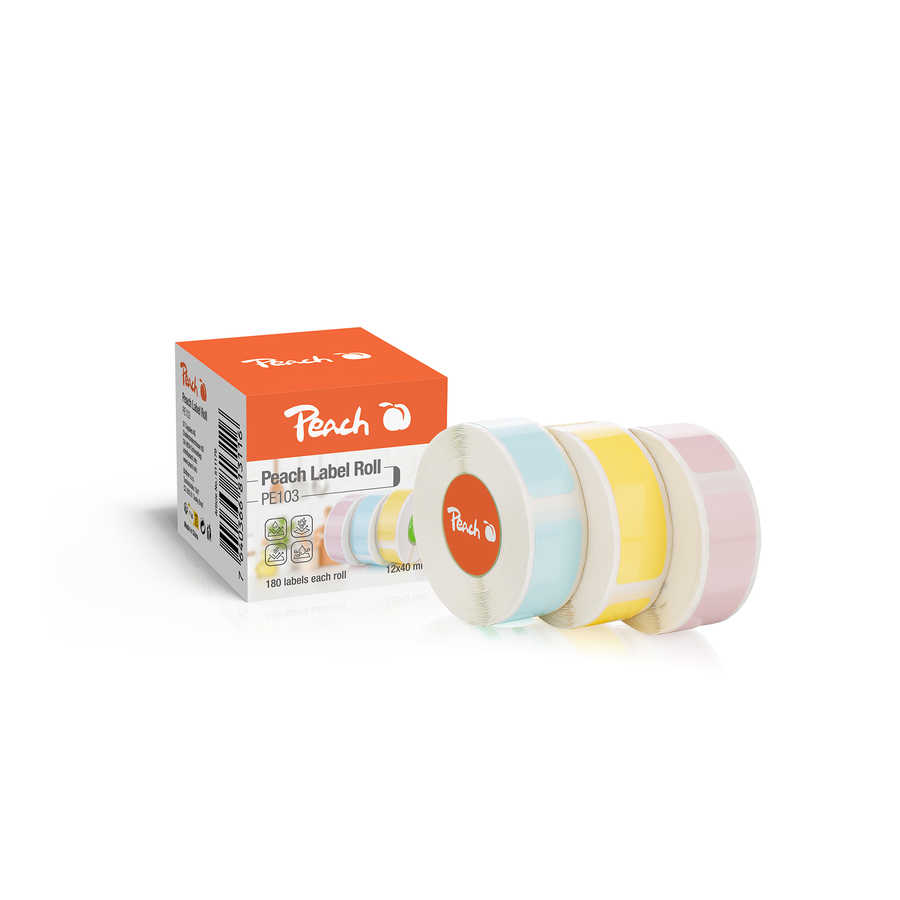 Peach Thermoetikettenband hellblau, hellgelb und pink | 12x40mm | 180 Etiketten pro Rolle | 3 Farben | PE103