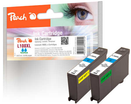 Image of Peach L100XLC Doppelpack 2 Druckerpatronen XL 2*cy ersetzt Lexmark No. 100XLC*2, 14N1069E, 14N1093 für z.B. Lexmark Prestige Pro 805, Lexmark Pro 200bei 3ppp3 Peach online Shop