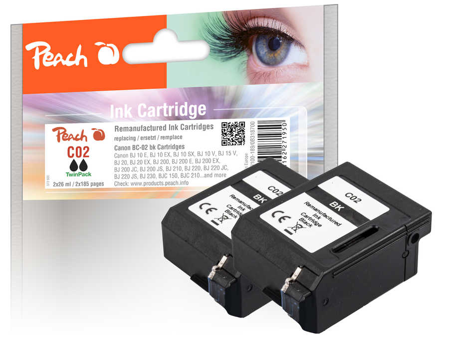 Peach Doppelpack Druckköpfe schwarz kompatibel zu Lexmark, Canon, IBM, Epson, Konica Minolta, Brother, Ricoh, Apple BC-02BK, 0895A002