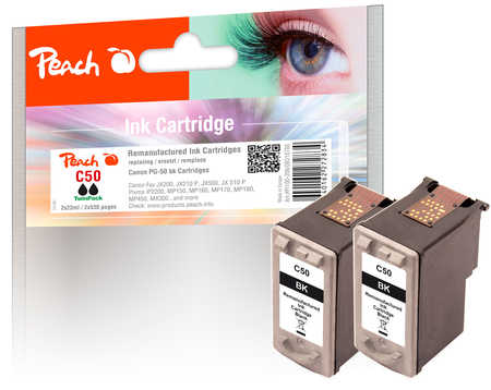 Peach C50 BK 2 Druckköpfe XL 2*bk ersetzt Canon PG-50BK*2, 0616B001 für z.B. Canon Pixma MP 460, Canon Fax JX 200, Canon