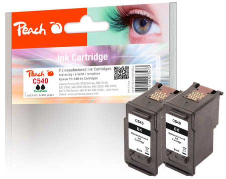 Peach C540 BK 2 Druckköpfe 2*bk ersetzt Canon PG-540BK, 5225B005 für z.B. Canon Pixma MG 2100, Canon Pixma MG 2140, Canon Pixma MG 2150