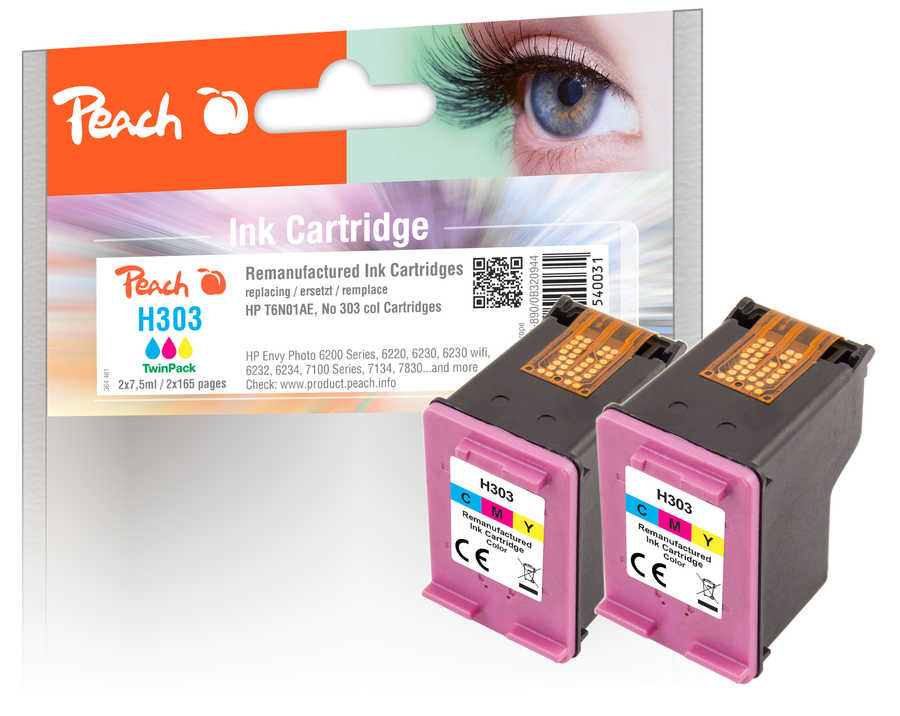 Peach HP 303 C 2 Druckköpfe 2*col ersetzt HP No. 303 C*2, T6N01AE*2 für z.B. HP Envy Photo 6200, HP Envy Photo 6230, HP Envy Photo 6230 wifi, HP Tango