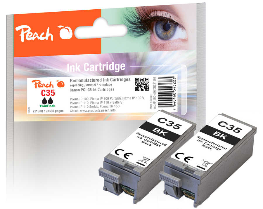 Peach C35 BK 2 Druckerpatronen bk ersetzt Canon PGI-35BK*2, 1509B001*2 für z.B. Canon Pixma IP 100, Canon Pixma IP 100 Portable, Canon Pixma IP 100 V