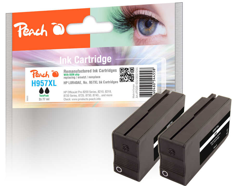 Image of Peach H957XLbk 2 Druckerpatronen XL 2*bk ersetzt HP No. 957XL bk*2, L0R40AE*2 für z.B. HP OfficeJet Pro 8210, HP OfficeJet Pro 8720bei 3ppp3 Peach online Shop