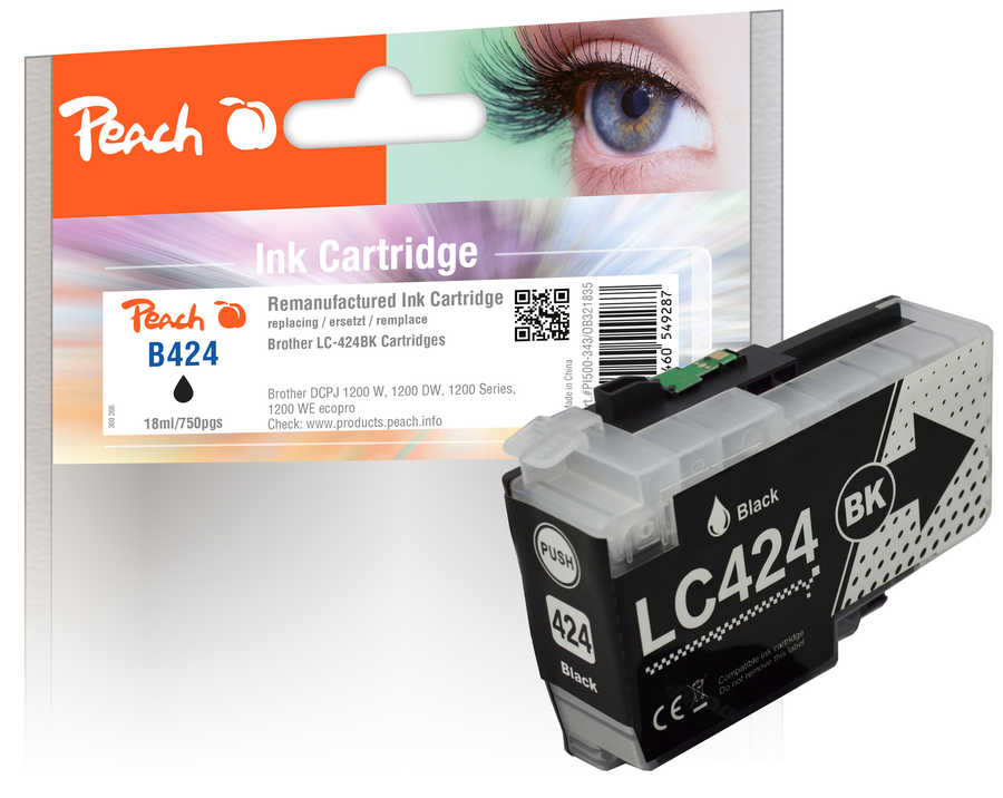 Image of Peach B424 BK Druckerpatrone bk ersetzt Brother LC-424BK für z.B. Brother DCPJ 1200 W, Brother DCPJ 1200 DW, Brother DCPJ 1200 WE ecopro