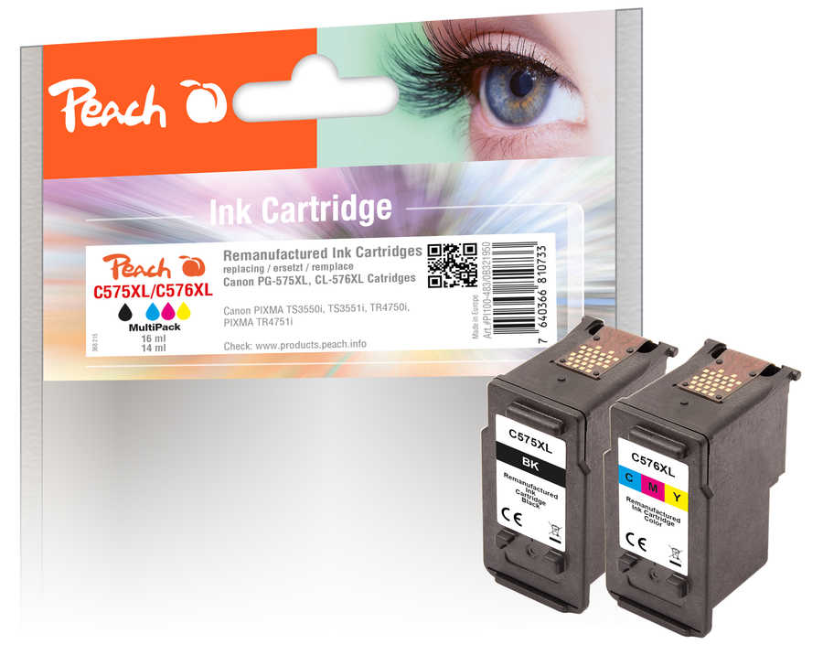 Peach C575 XL 2 Druckköpfe XL (bk, col) ersetzt Canon PG-575XL, CL-576XL für z.B. Canon Pixma TR 4750 i, Canon Pixma TR 4751 i, Canon Pixma TS 3550 i