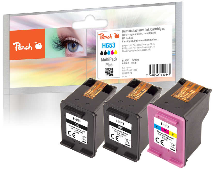 Peach HP 653 3 Druckköpfe (2*bk, col) ersetzt HP No. 653, 3YM75AE*2, 3YM74AE , 3YM60AE für z.B. HP DeskJet Plus Ink Advantage 6475