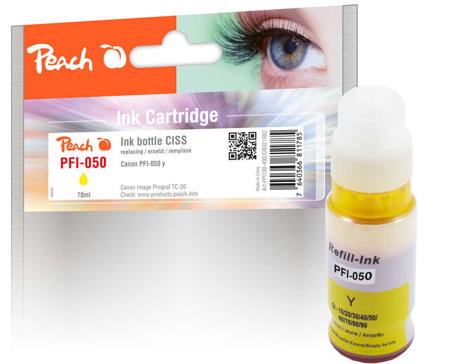 Image of Peach C050 Tintenbehälter pigm. ye ersetzt Canon PFI-050 für z.B. Canon imagePROGRAF TC -20, Canon imagePROGRAF TC -20 M, Canon imagePROGRAF TC -21