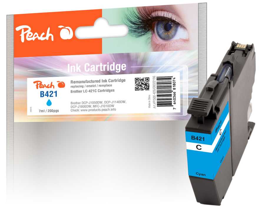 Image of Peach B421 C Druckerpatrone cy ersetzt Brother LC-421C für z.B. Brother DCPJ 1800 DW, Brother DCPJ 1050 DW, Brother DCPJ 1140 DW, Brother MFCJ 1010 DW