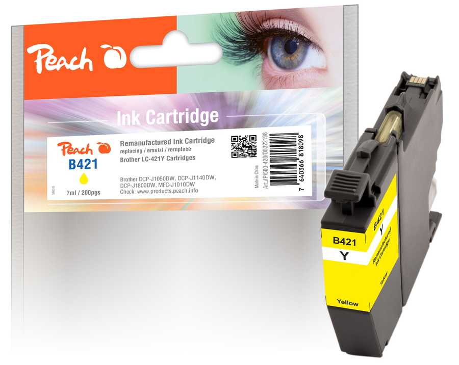 Image of Peach B421 Y Druckerpatrone ye ersetzt Brother LC-421Y für z.B. Brother DCPJ 1800 DW, Brother DCPJ 1050 DW, Brother DCPJ 1140 DW, Brother MFCJ 1010 DW