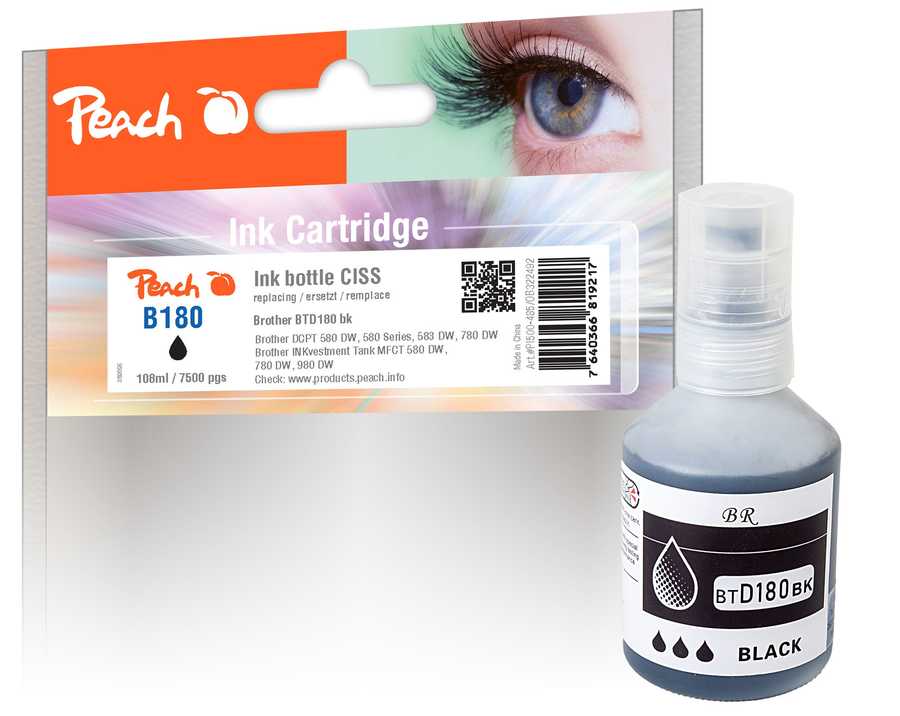 Image of Peach B180 Tintenbehälter bk ersetzt Brother BTD180BK für z.B. Brother DCPT 580 DW, Brother DCPT 580, Brother DCPT 583 DW, Brother DCPT 780 DW