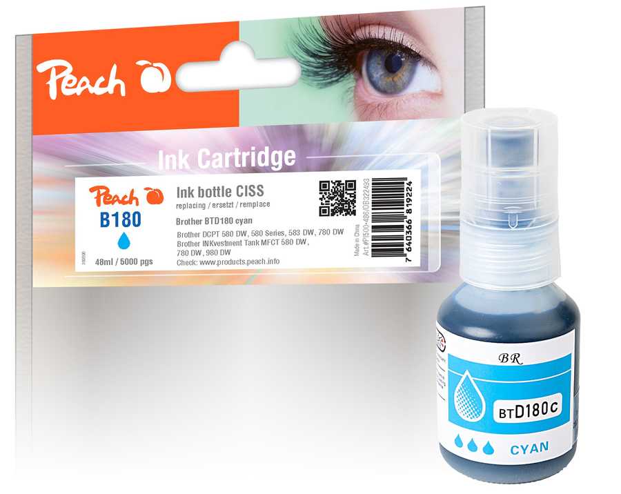 Image of Peach B180 Tintenbehälter cy ersetzt Brother BTD180C für z.B. Brother DCPT 580 DW, Brother DCPT 580, Brother DCPT 583 DW, Brother DCPT 780 DW