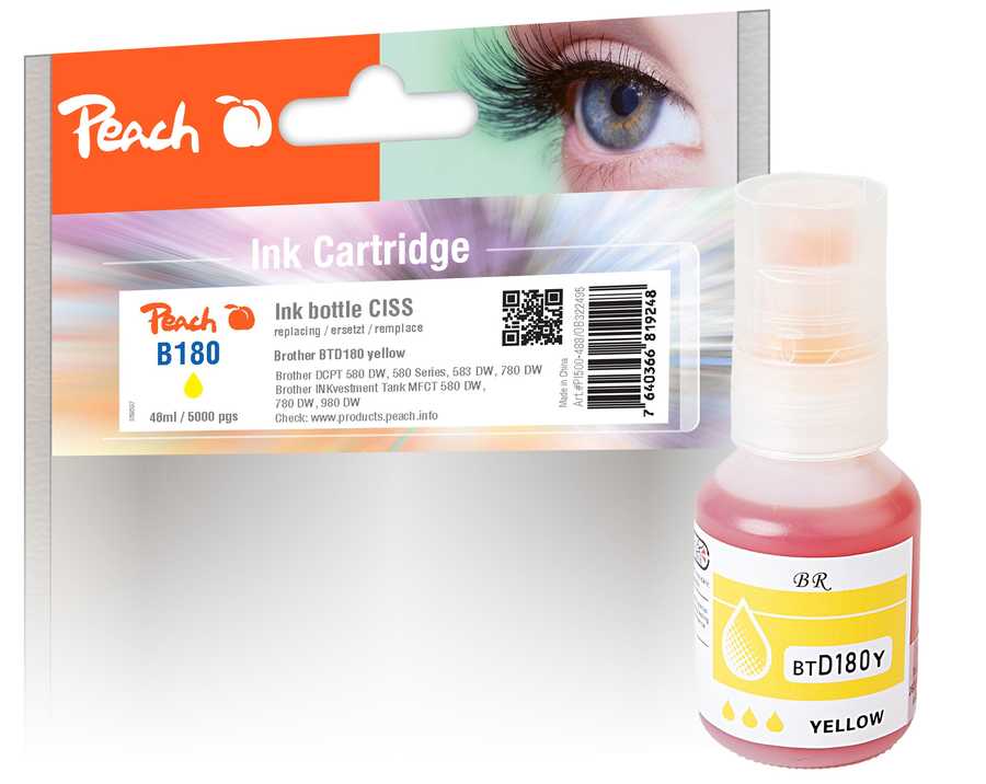 Image of Peach B180 Tintenbehälter ye ersetzt Brother BTD180Y für z.B. Brother DCPT 580 DW, Brother DCPT 580, Brother DCPT 583 DW, Brother DCPT 780 DW