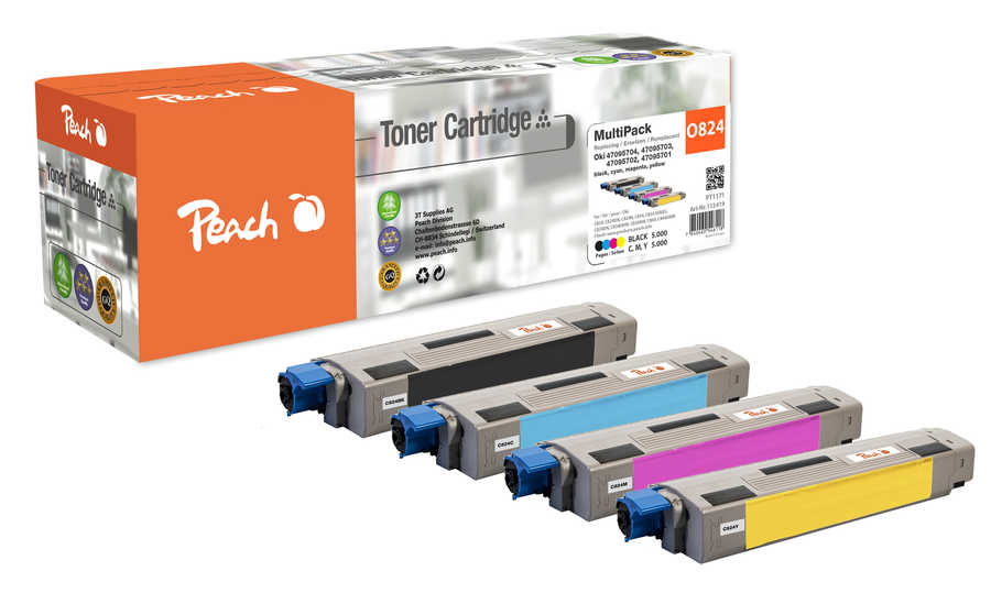Image of Peach O47095701-4 4 Toner (bk, c/m/y) ersetzt OKI No. 47095701-4 für z.B. OKI C 834 DN, OKI C 834, OKI C 824 dn, OKI C 824 n, OKI C 824