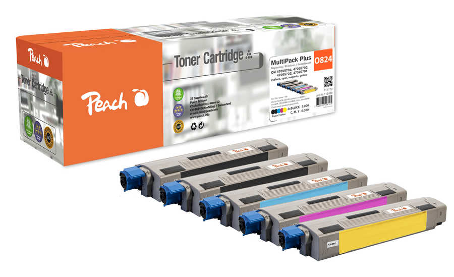 Image of Peach O47095701-4 5 Toner (2*bk, c/m/y) ersetzt OKI No. 47095701-4 für z.B. OKI C 834 DN, OKI C 834, OKI C 824 dn, OKI C 824 n, OKI C 824