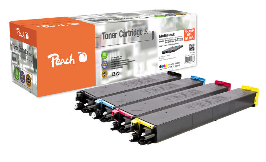 Image of Peach SH30 Spar Pack Tonermodule (bk, cy/ma/ye) ersetzt Sharp BP-GT30BA, BP-GT30CA, BP-GT30MA, BP-GT30YA für z.B. Sharp BP -30 C 25bei 3ppp3 Peach online Shop