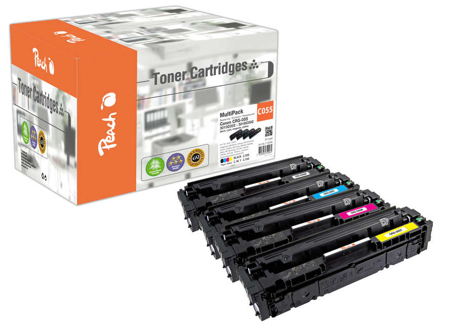 Peach HP 055 4 Toner (bk, c/m/y) ersetzt Canon CRG-055, 3016C002, 3015C002, 3014C002, 3013C002 für z.B. Canon iSENSYS LBP -660