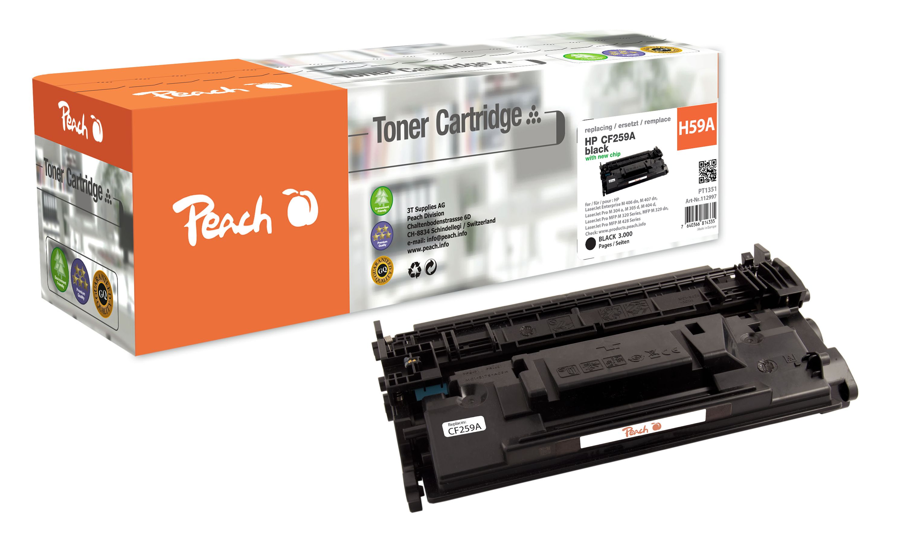 Peach HP 59 A Toner bk ersetzt HP No. 59A, CF259A für z.B. HP LaserJet Enterprise M 406 dn, HP LaserJet Enterprise M 407 dn, HP LaserJet Pro M 404